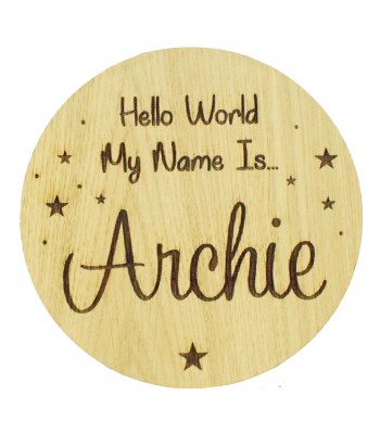 Laser Cut Oak Veneer Personalised Birth Announcement Plaque - Hello World My Name Is... with Stars